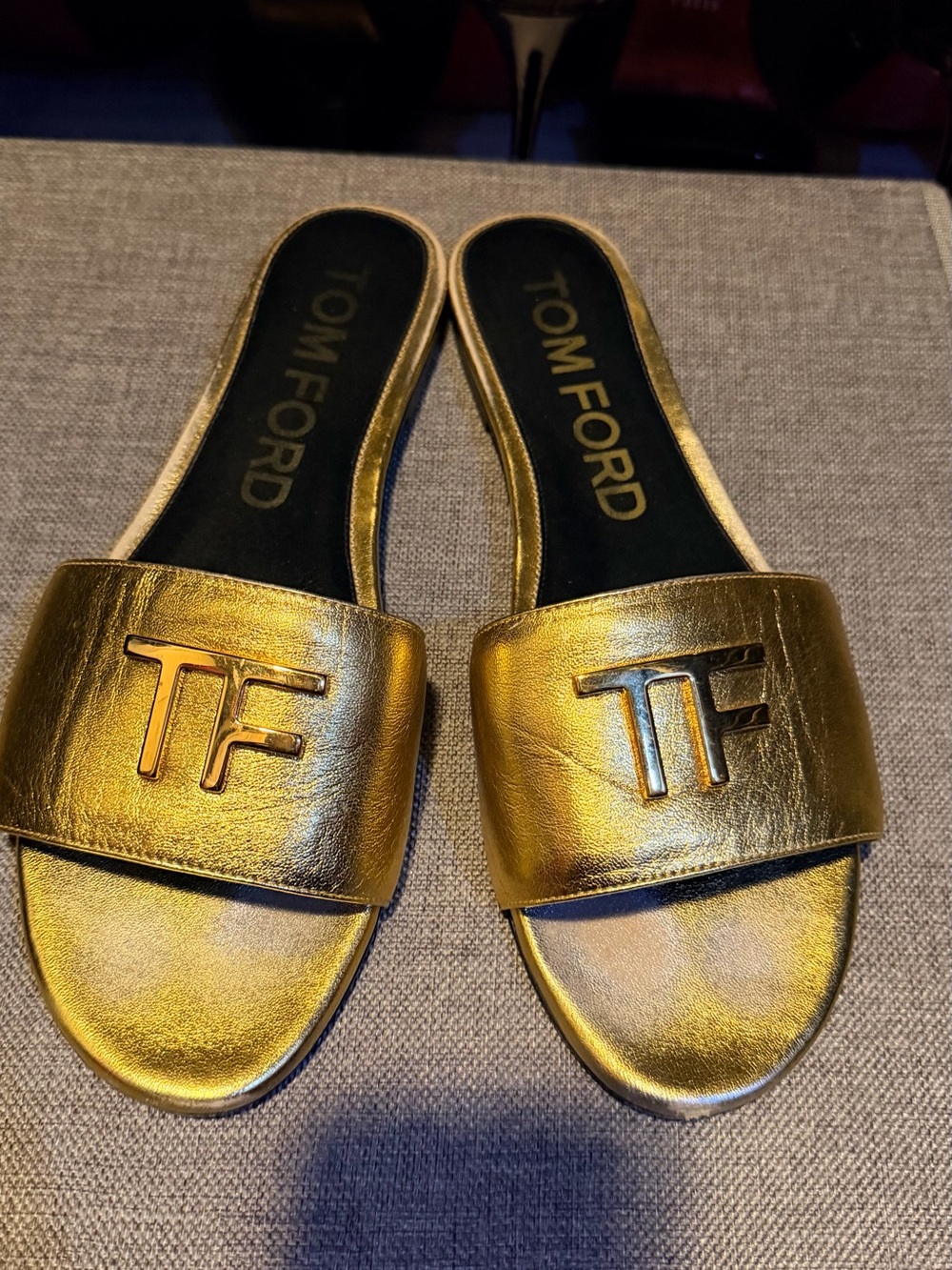 Tom Ford Gold Metallic Slide Sandals - TF Logo